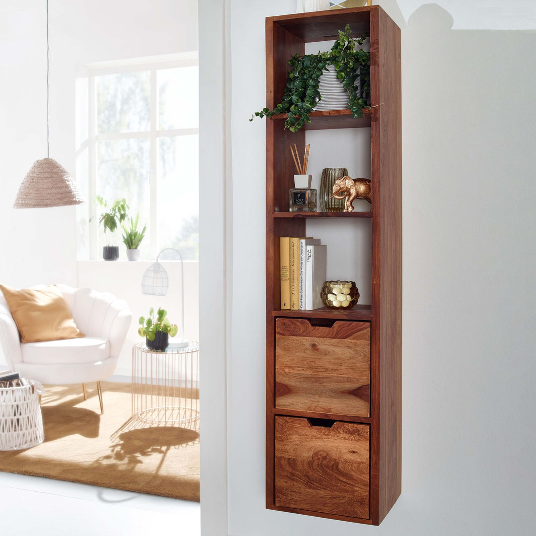 Væghylde med skuffer 35x150x30 cm, massivt sheeshamtræ, hængende hylde, stort design, moderne svævende hylde, hængende hylde til stuen, vægmonteret svævende bogreol