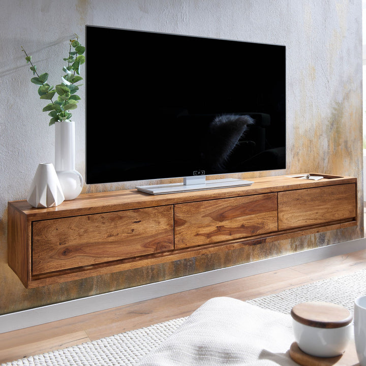 Lavt bord, vægmonteret, massivt sheeshamtræ, 160x25x35 cm, brunt TV-skab, designer TV-bord med opbevaring, moderne vægmonteret TV-skab, TV-kommode, vægmonteret TV-skab