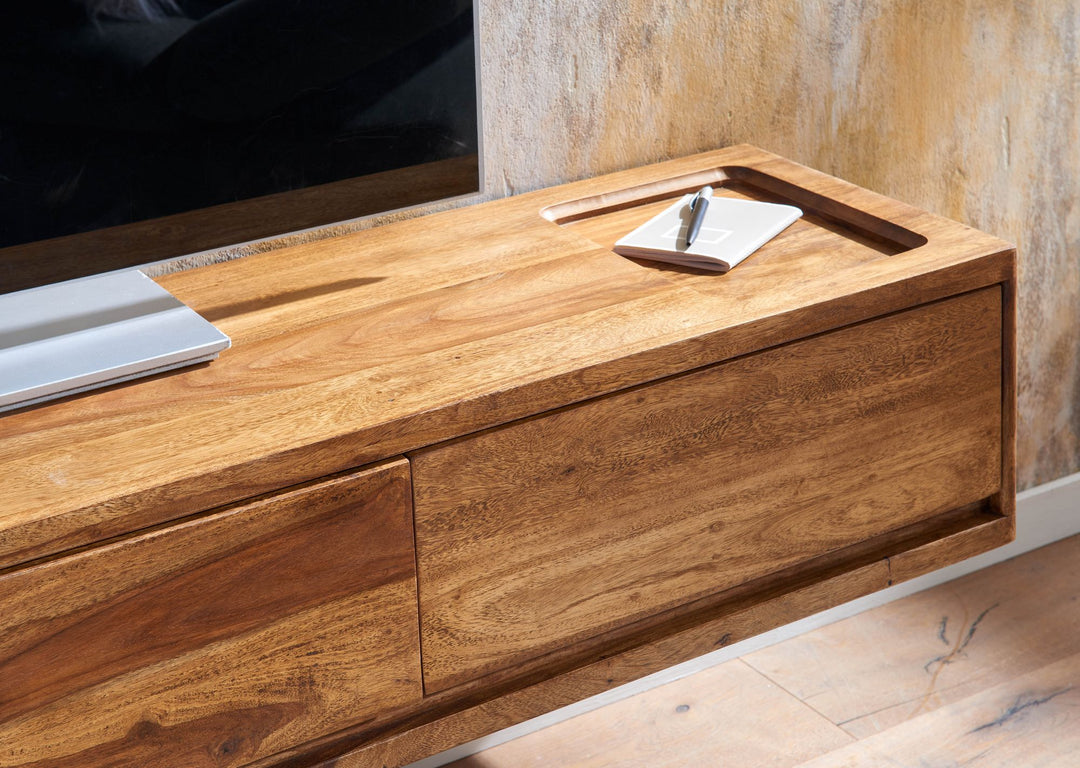 Lavt bord, vægmonteret, massivt sheeshamtræ, 160x25x35 cm, brunt TV-skab, designer TV-bord med opbevaring, moderne vægmonteret TV-skab, TV-kommode, vægmonteret TV-skab