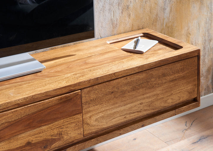Lavt bord, vægmonteret, massivt sheeshamtræ, 160x25x35 cm, brunt TV-skab, designer TV-bord med opbevaring, moderne vægmonteret TV-skab, TV-kommode, vægmonteret TV-skab