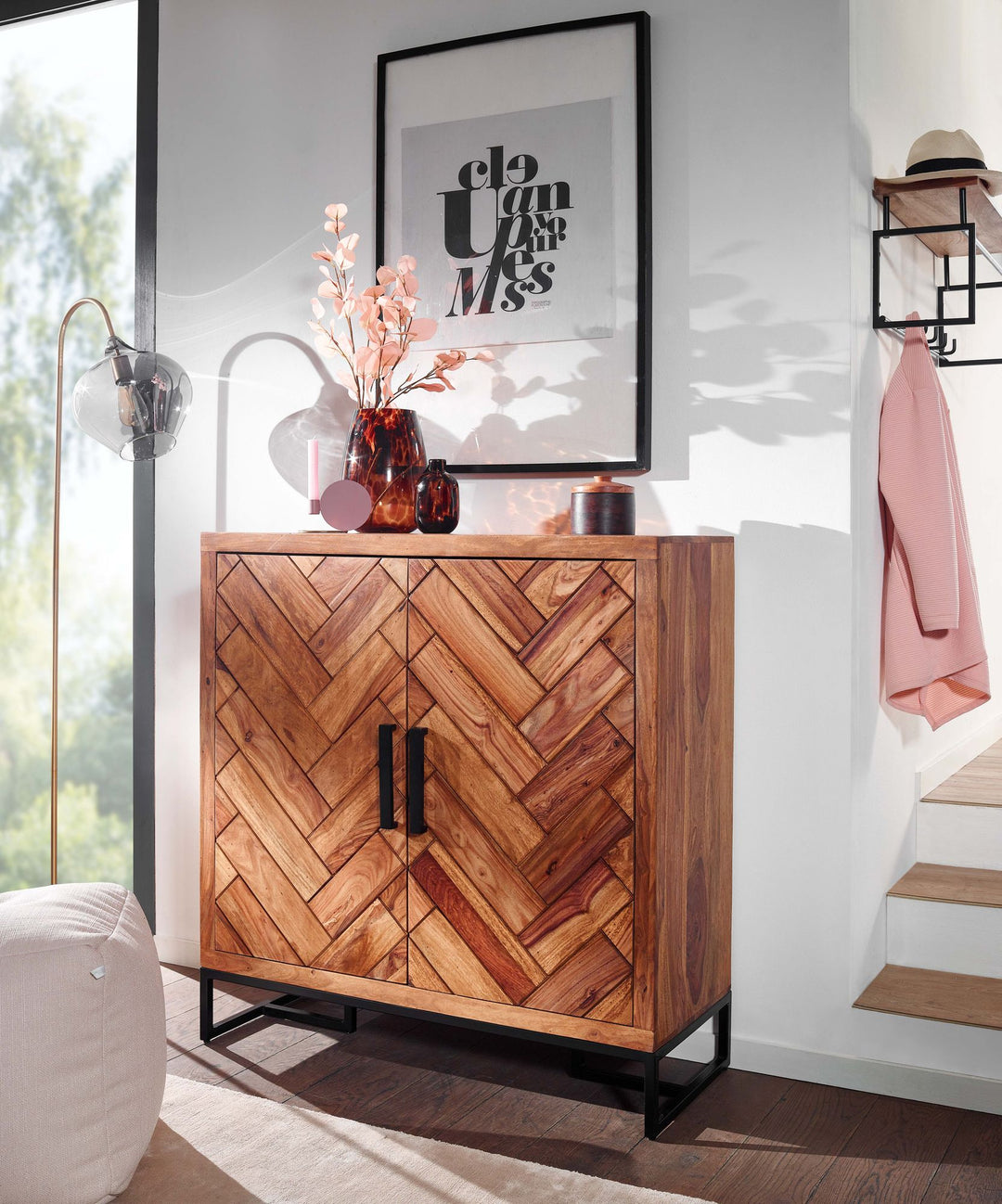 Skoskab i massivt sheeshamtræ 100x105x40 cm, lukket skohylde, designer skokommode, entreskab med hylde, høj skoopbevaringskommode