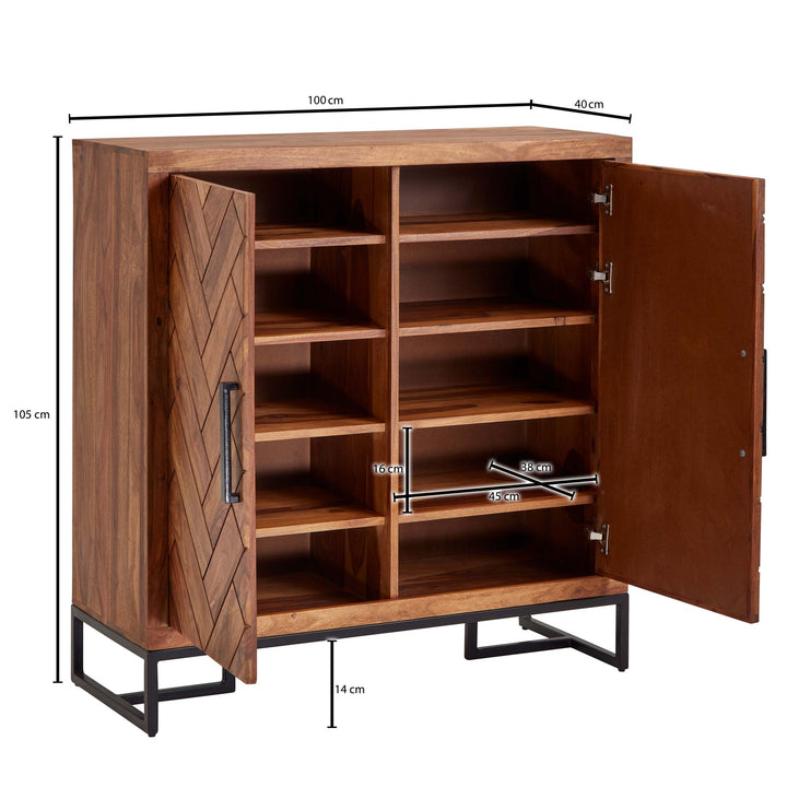 Skoskab i massivt sheeshamtræ 100x105x40 cm, lukket skohylde, designer skokommode, entreskab med hylde, høj skoopbevaringskommode