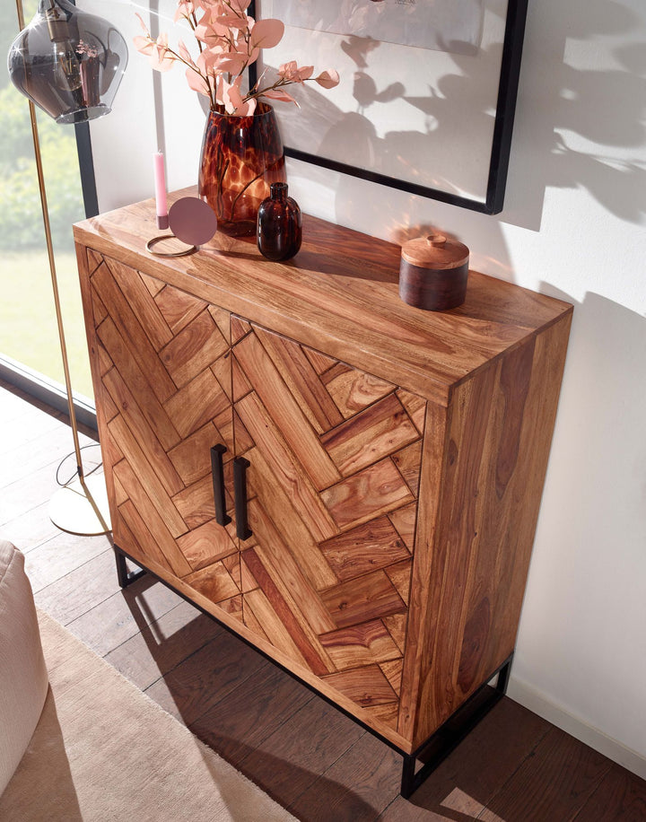 Skoskab i massivt sheeshamtræ 100x105x40 cm, lukket skohylde, designer skokommode, entreskab med hylde, høj skoopbevaringskommode