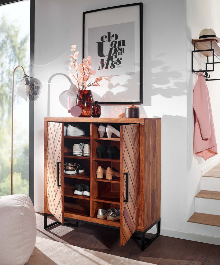 Skoskab i massivt sheeshamtræ 100x105x40 cm, lukket skohylde, designer skokommode, entreskab med hylde, høj skoopbevaringskommode