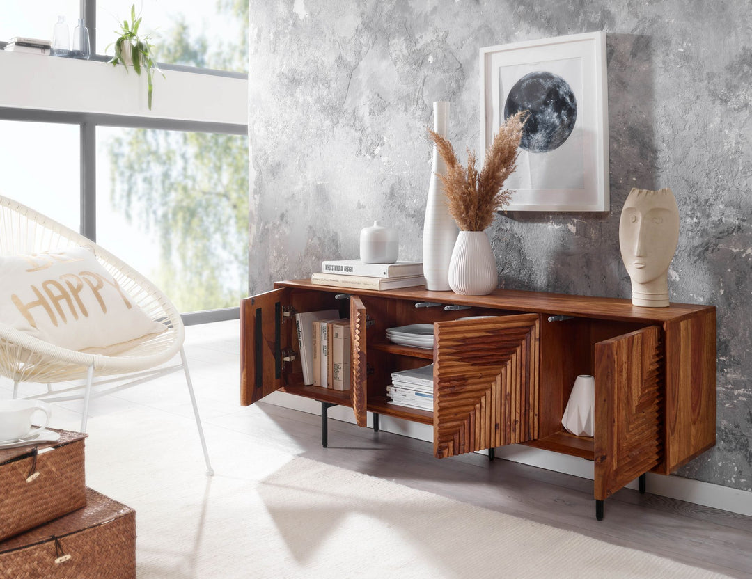 Lavbord i massivt sheeshamtræ 140x54x33 cm TV-skænk med fire låger