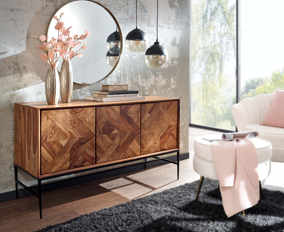 Skænk 123x70x45 cm massivt sheeshamtræ/metalskænk med låger