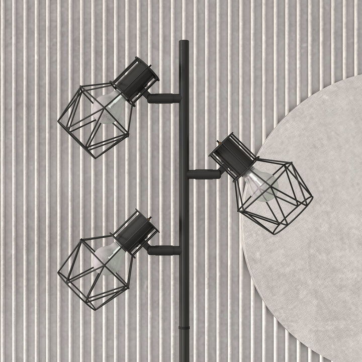 Gulvlampe med 3 lyskilder og fleksible lyselementer, trælignende struktur, til stue og soveværelse, metal, sort
