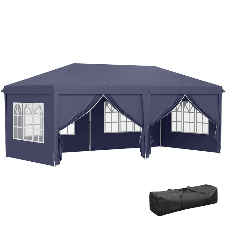 Foldbar pavillon 6 x 3 m, aftagelige sidepaneler, store vinduer, lynlåsdøre, stålramme, blå