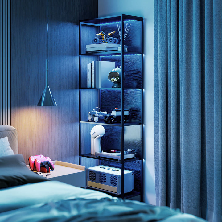 5-etagers bogreol med LED-belysning, 7 lysfarver, til stue, 60 x 30 x 179 cm, sort