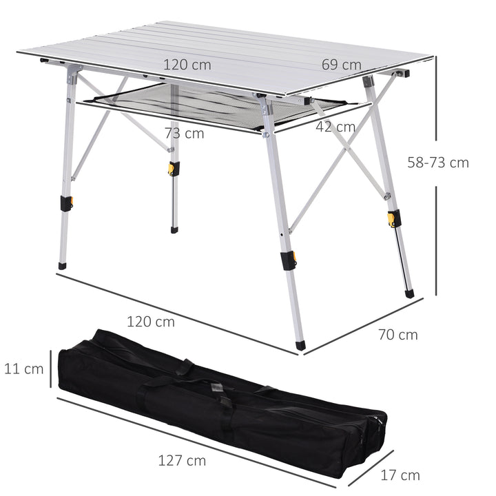Picnic klapbord, sammenklappeligt bord, højdejusterbart campingbord, inkl. bæretaske, aluminium, sølv, 120 x 69 x 59-78 cm