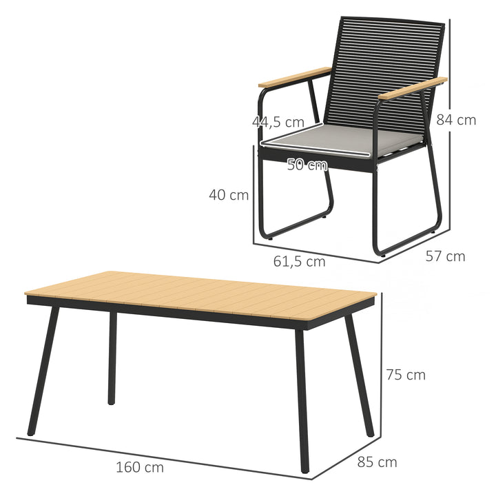 7-delt metal spisebordssæt til 6 personer, spisebord med 6 stole, spisebordssæt, naturtræ + sort