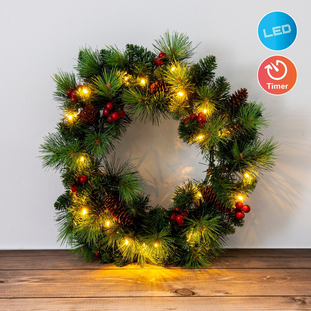 LED julekrans "Noel" udendørs dekoration lavet af metal og plast i grønt og guld, med fast installerede LED'er