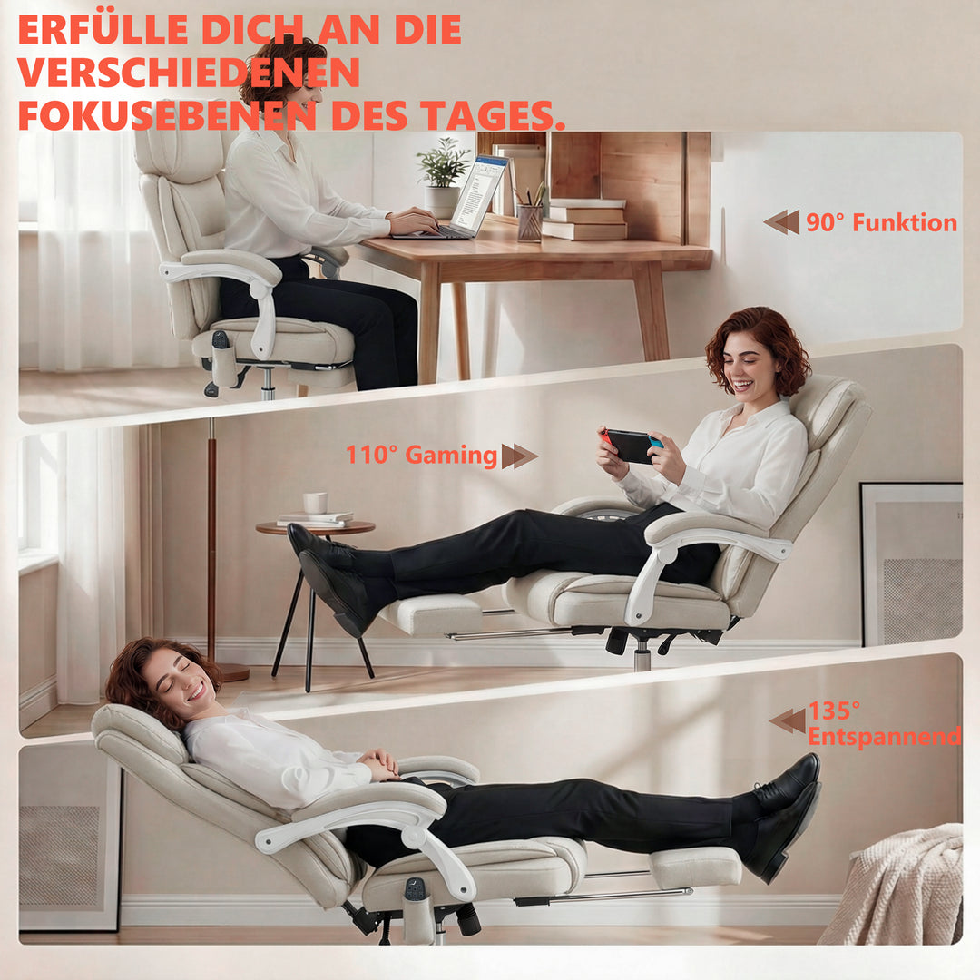 Kontorstol med høj ryg, vibrationsmassage og varme, ergonomisk, vipbar, med fodstøtte, cremehvid