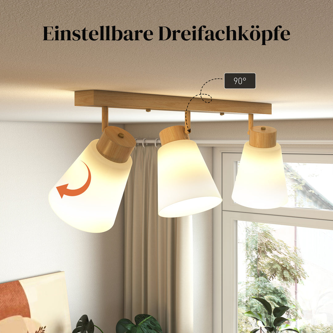 LED loftlampe 40W, loftlampe med dobbelt montering og 90° justerbare hoveder med 3 E27-fatninger, naturtræ
