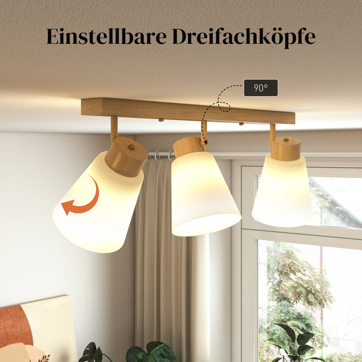 LED loftlampe 40W, loftlampe med dobbelt montering og 90° justerbare hoveder med 3 E27-fatninger, naturtræ