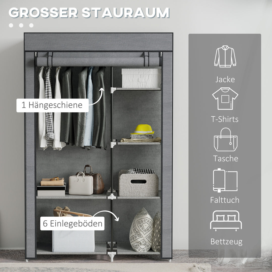 Stofgarderobe, opbevaringsløsning, 6 hylder, 1 bøjlestang, mørkegrå