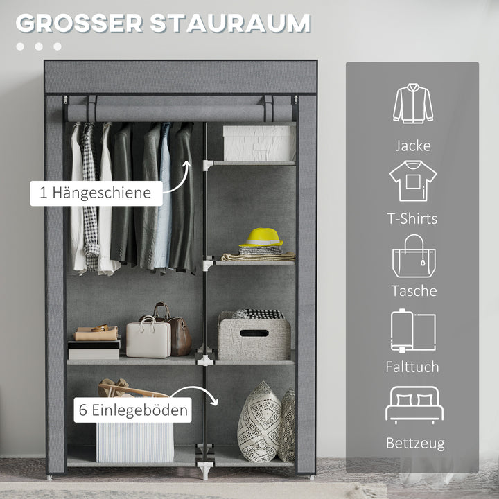 Stofgarderobe, opbevaringsløsning, 6 hylder, 1 bøjlestang, mørkegrå