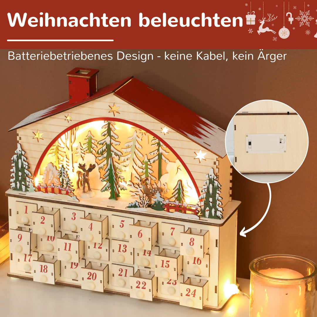 Adventskalender til udfyldning, 24 skuffer og rum, julekalender med LED-lys, naturtræ, 36 x 10 x 34 cm