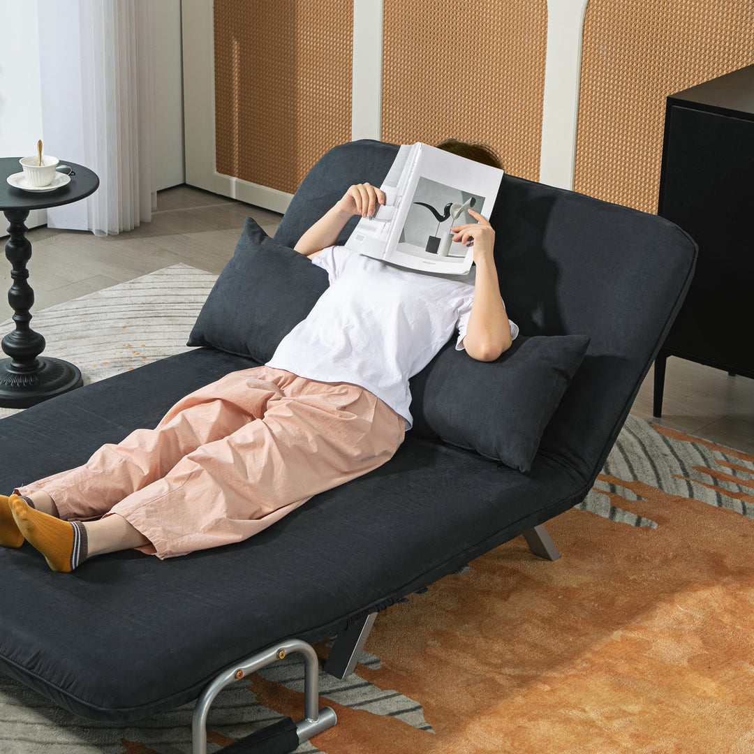 Sovesofa, 5-vejs justerbar, imiteret ruskind, stålstel, inklusive hynder, sort