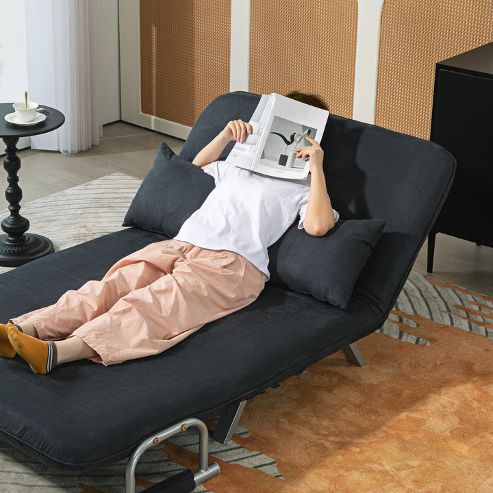 Sovesofa, 5-vejs justerbar, imiteret ruskind, stålstel, inklusive hynder, sort