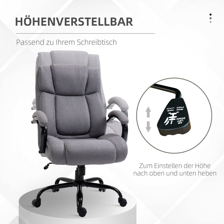 Kontorstol, ergonomisk chefstol, polstret skrivebordsstol med armlæn, højdejusterbar drejestol med vippefunktion, linnedlook, lasteevne op til 220 kg, lysegrå