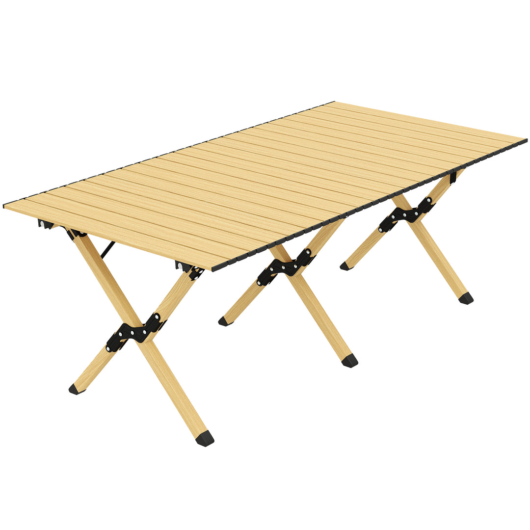 Campingbord 117 x 60 cm, klapbord i aluminium med oprullelig bordplade, trælook, vandtæt bæretaske