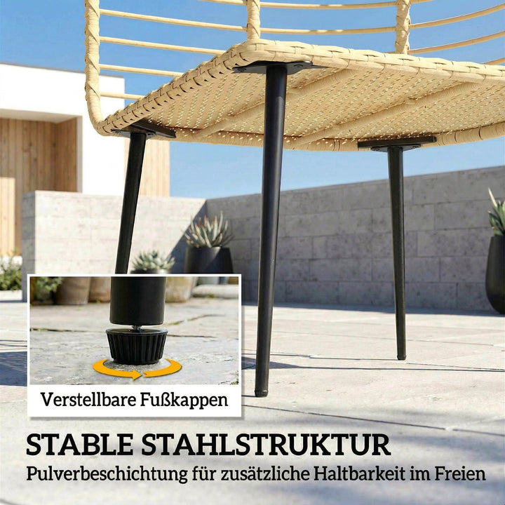 Havestol med fodskammel, ægformet fletstol i PE-rattan med lange og tykke hynder, metalstel, beige