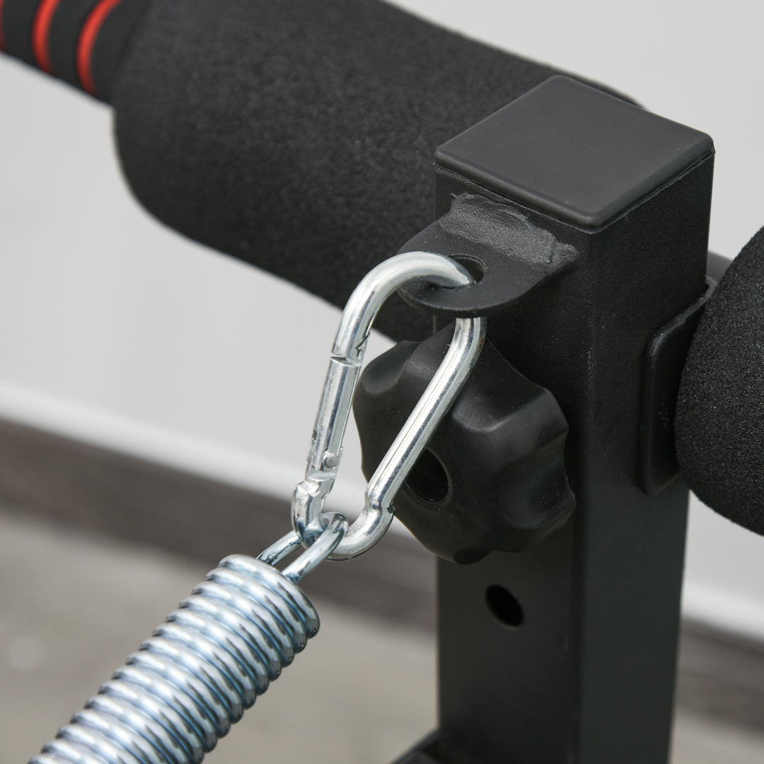 Sit-up bænk, mavetræner med træningsreb, multifunktionel træningsbænk, justerbar og foldbar, 110 kg lasteevne, stål, sort og rød, 137 x 51 x 50-66 cm