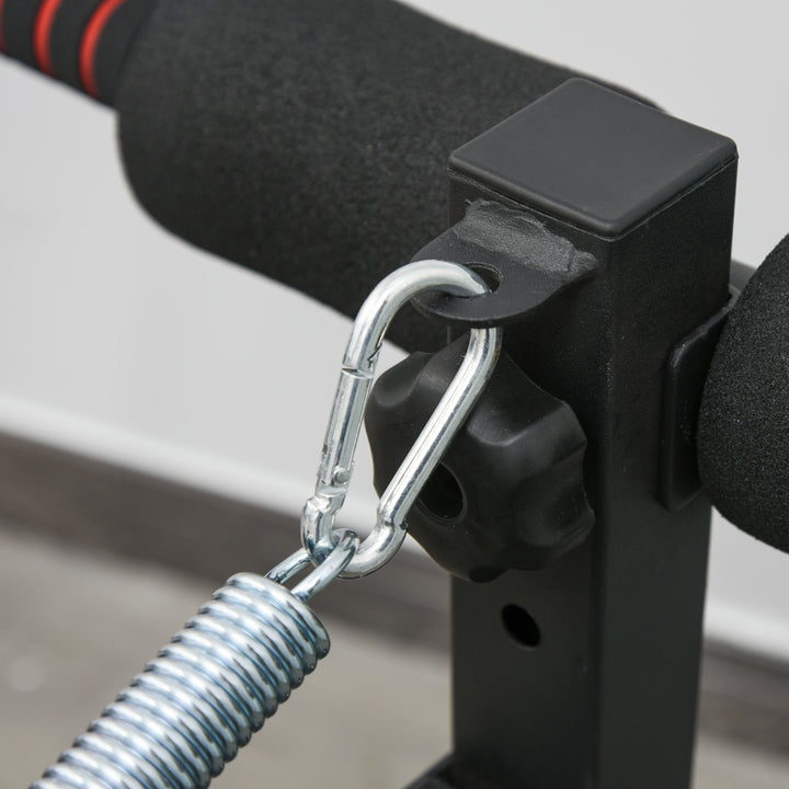 Sit-up bænk, mavetræner med træningsreb, multifunktionel træningsbænk, justerbar og foldbar, 110 kg lasteevne, stål, sort og rød, 137 x 51 x 50-66 cm