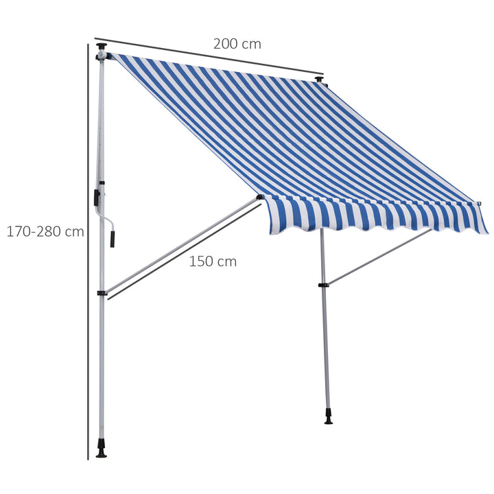 Klemmemarkise med håndsving, højdejusterbar, leddelt armsmarkise, smudsafvisende, vejrbestandig, balkonmarkise 150 cm bred, terrassemarkise til terrasse, balkon, veranda, blå+hvid