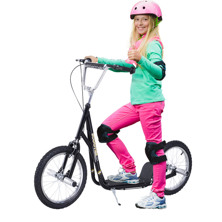 Børnescooter med pneumatiske dæk, sparkscooter, city scooter til børn, sparkbræt 16 tommer fra 5 år, højdejusterbar, sort, 143 x 58 x 92-100 cm
