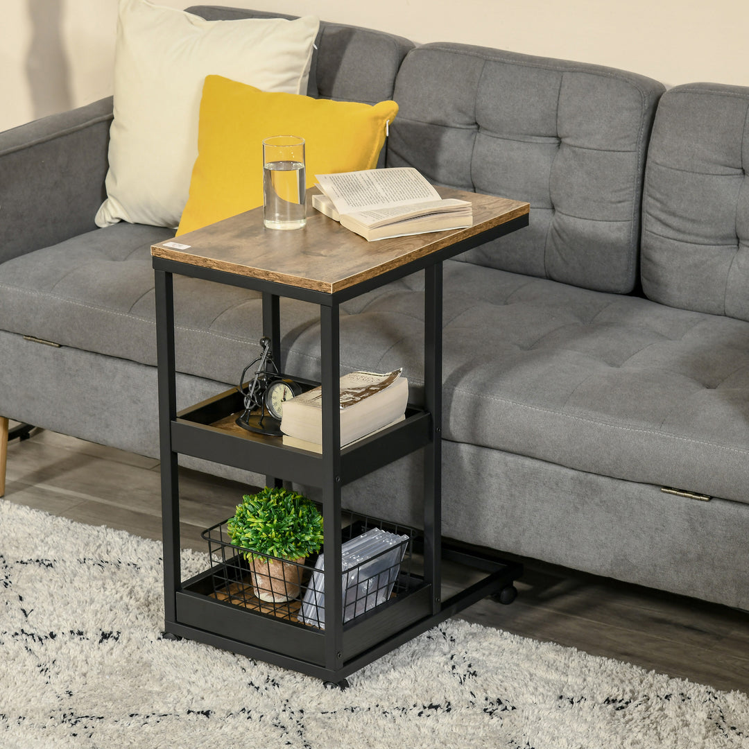 Sidebord med hjul til sofa eller seng, industriel stil, stål og træ, brun og sort