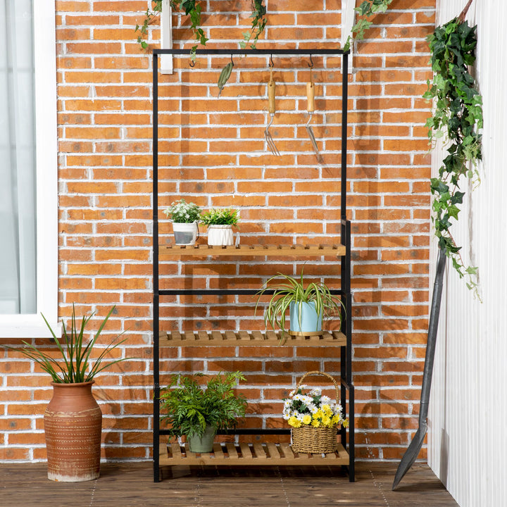 Plantestativ med 3 niveauer og monteringskroge, blomsterstativ af naturtræ, 80 cm x 36 cm x 174 cm, naturtræ