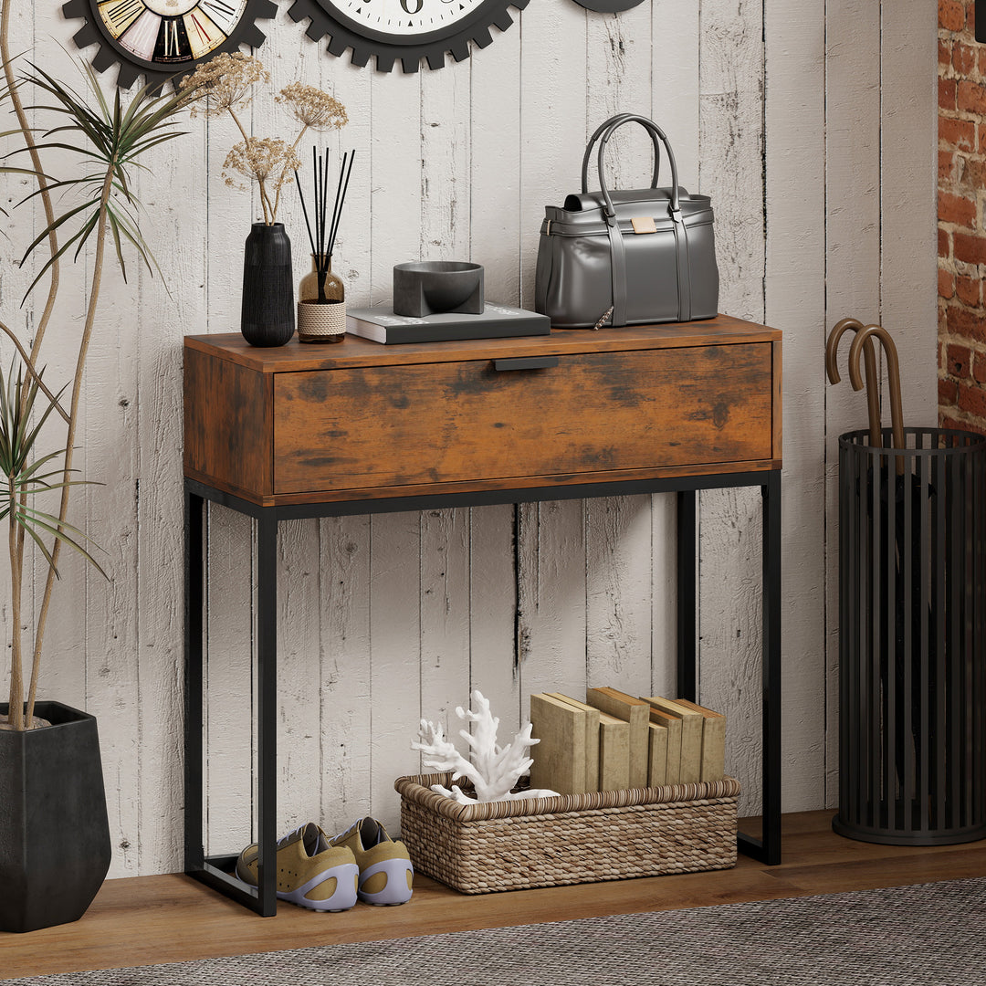 Konsolbord, entrebord med skuffe, industrielt design, til entre eller stue, 80x30x76 cm, sort