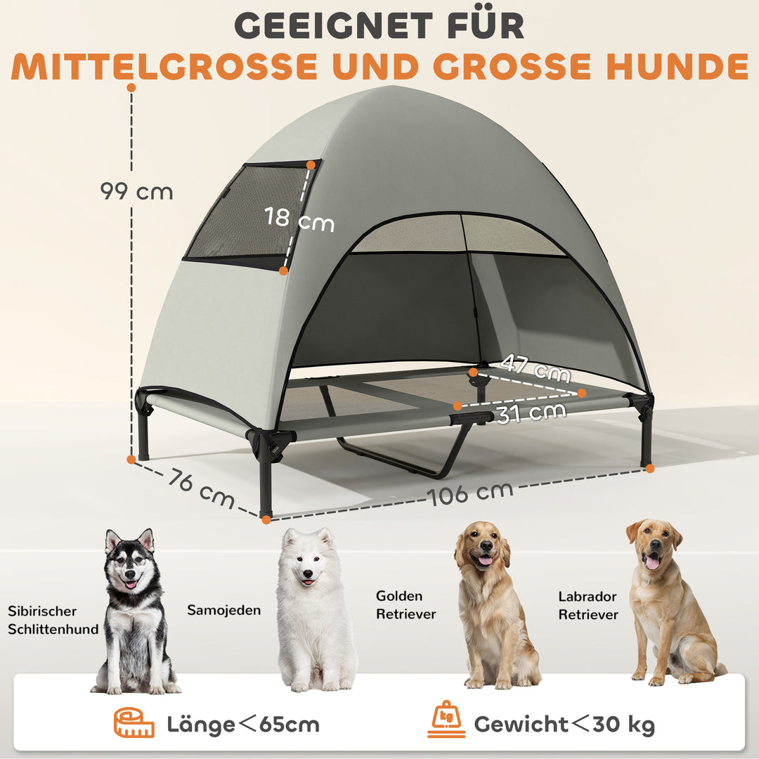 Udendørs hundeseng med tag, hævet hundeseng til store hunde, 106 x 76 x 99 cm, lysegrå