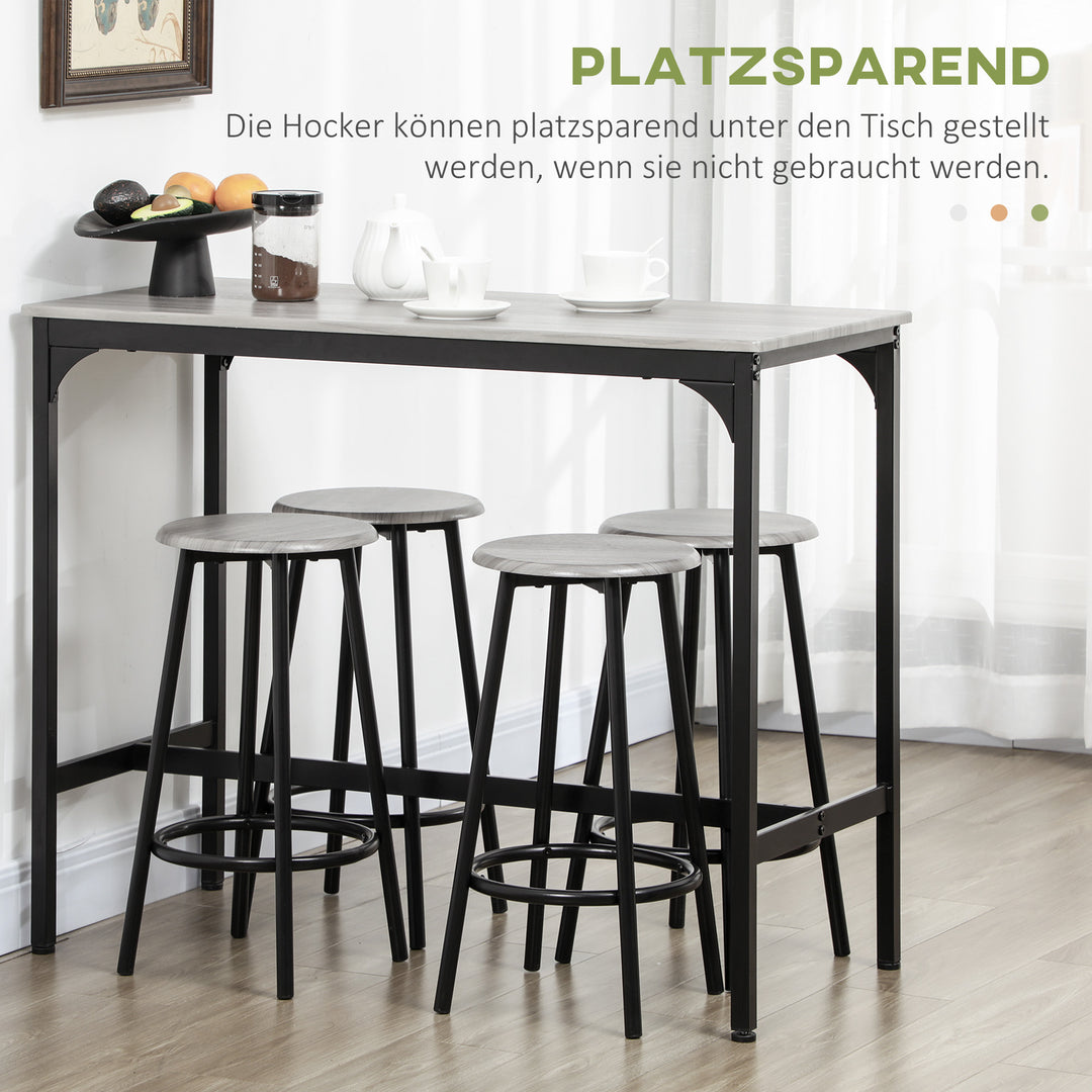 5-Delt barsæt med bord og 4 skamler, industrielt design, kompakt, rustikt