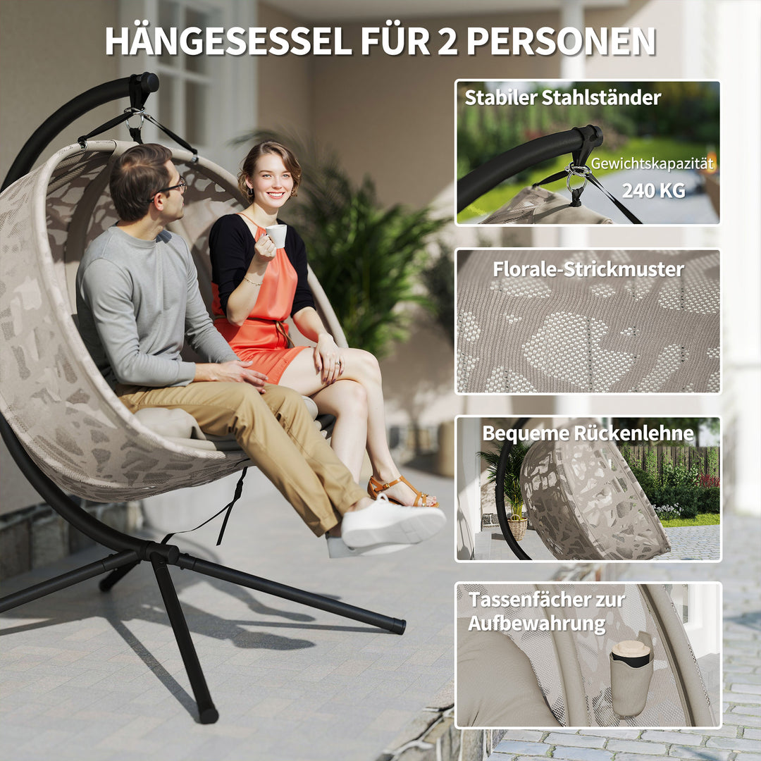Hængestol til 2 personer, foldbar siddekurv, stor siddehynde, sand, 130 x 103 x 172 cm