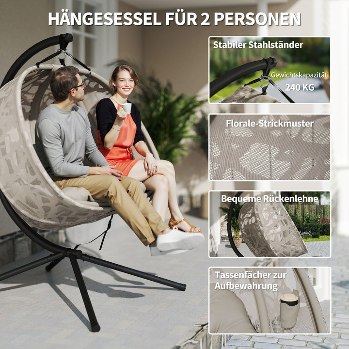 Hængestol til 2 personer, foldbar siddekurv, stor siddehynde, sand, 130 x 103 x 172 cm