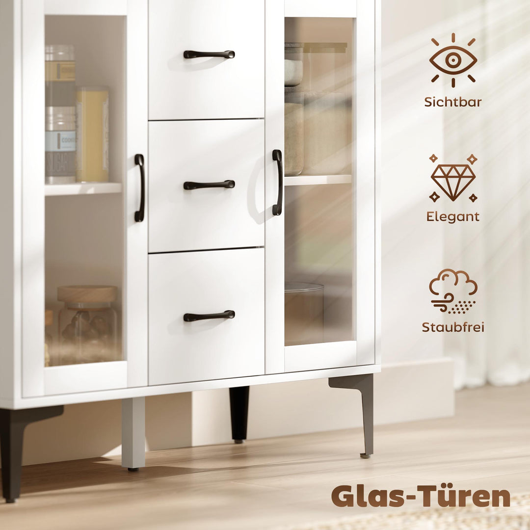 Moderne skænk med soft-close døre, buffetskab med 3 skuffer, 2 vitrinedøre, justerbare hylder, MDF, hvid