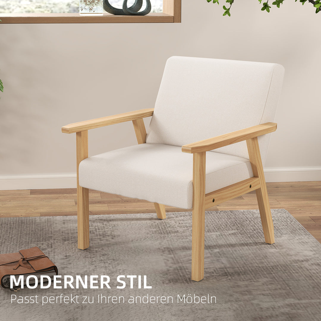 Polstret lænestol med armlæn, spisestol i hørlook, massivt træstel, 64 x 70 x 72 cm, cremefarvet