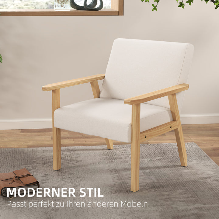 Polstret lænestol med armlæn, spisestol i hørlook, massivt træstel, 64 x 70 x 72 cm, cremefarvet