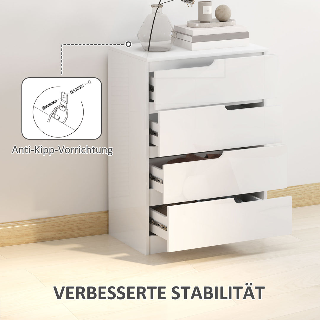 Moderne kommode, garderobe, 4 skuffer, træ, anti-tip, fodstøtte, hvid
