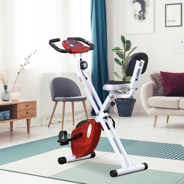 Motionscykel med magnetisk modstand, 8 niveauer, højdejusterbar, lcd-display, rød + hvid