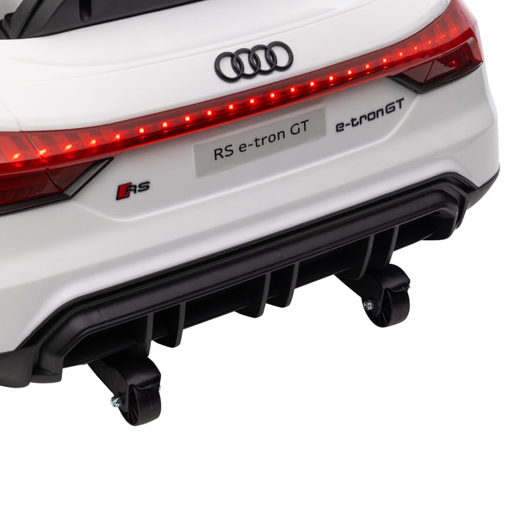 Audi RS e-tron GT elbil til børn med sikkerhedssele, fjernbetjening, forlygter, musikfunktion, hvid, 103 x 58 x 41 cm