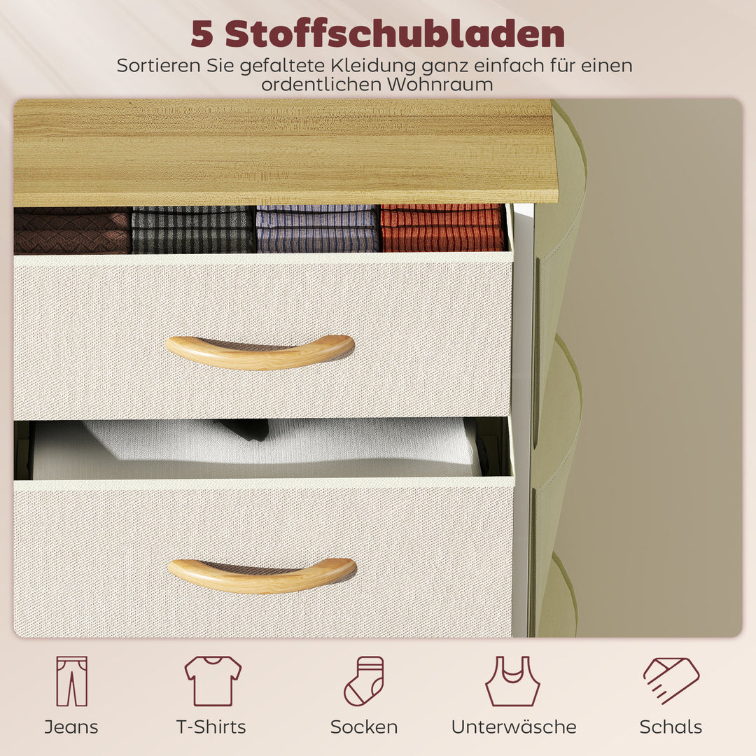 Soveværelseskommode med 5 stofskuffer, stålstøtter, træoverflade, 4 opbevaringslommer, 2 kroge, beige