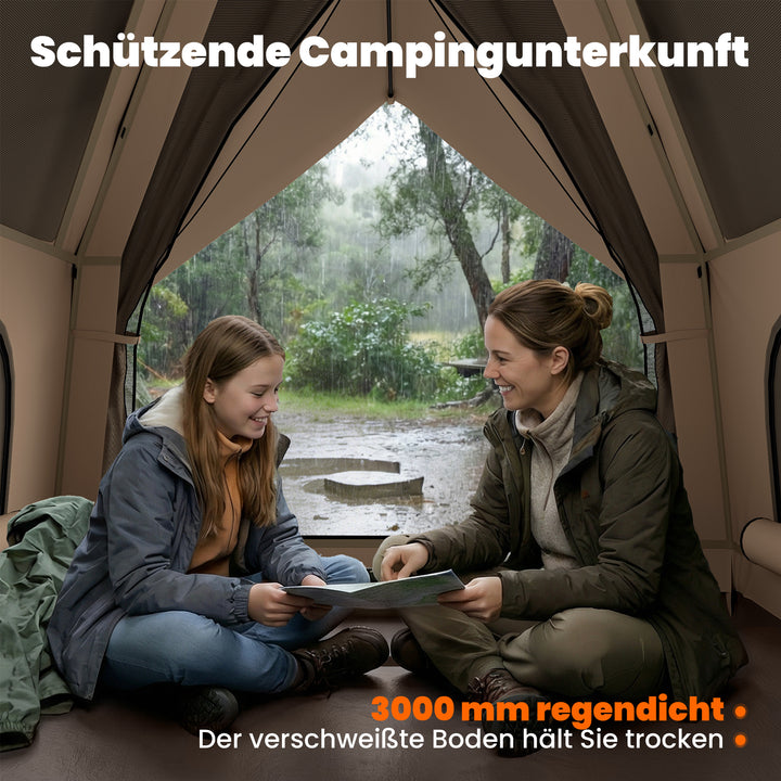 Pop-up-telt med regnslag, vandtæt kuppeltelt til 2-3 personer med bund, 4 vinduer, 235x235x184 cm, khaki