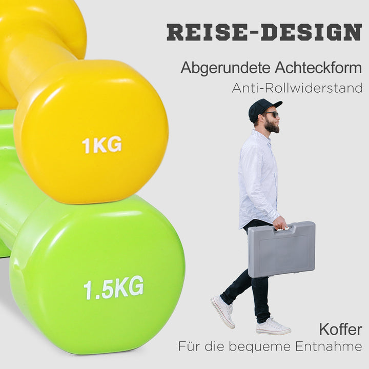 Håndvægtsæt 4 par håndvægte med kuffert 0,5 kg/1 kg/1,5 kg/2 kg jern+plastik rød gul grøn lilla