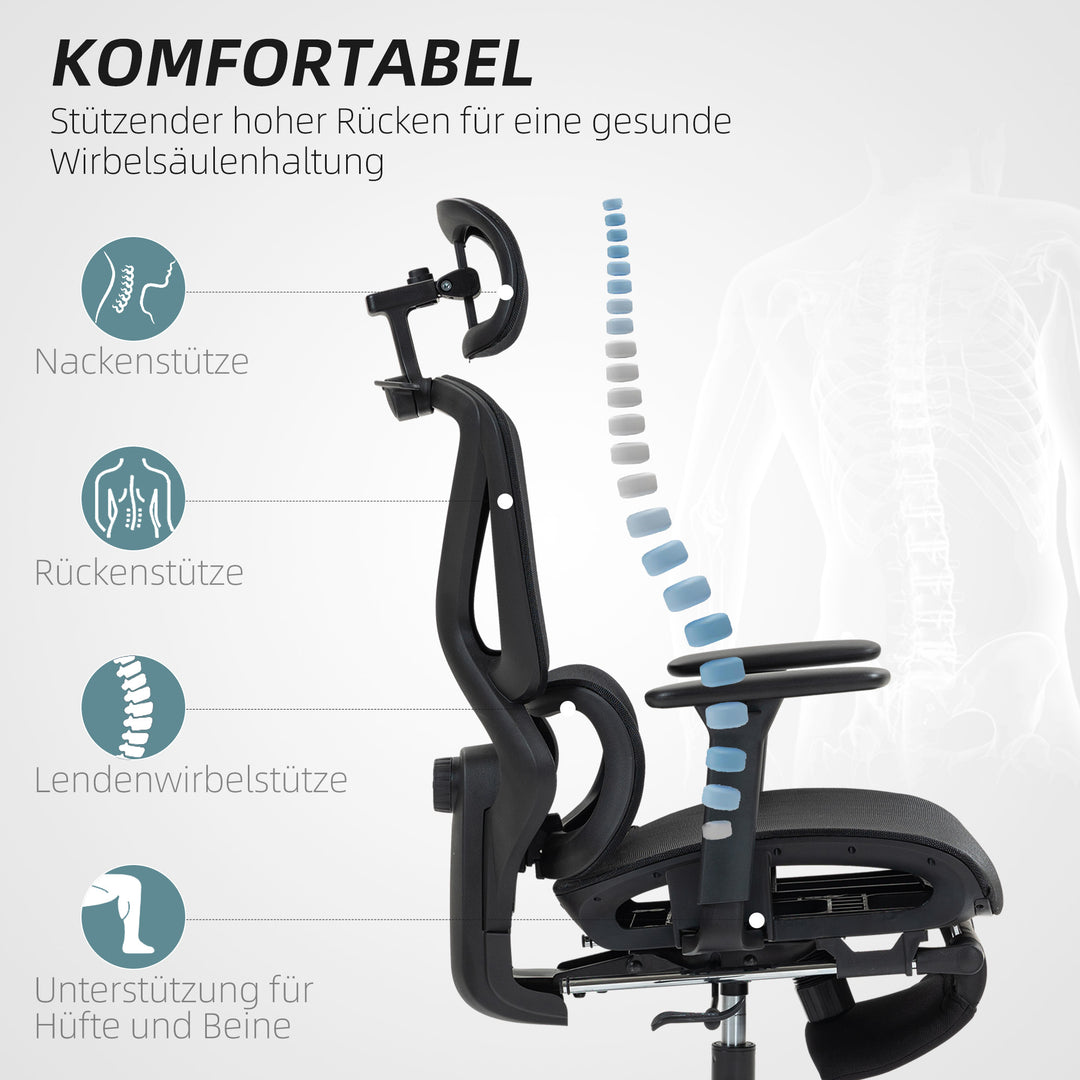Kontorstol, ergonomisk skrivebordsstol, 135 graders vipning, justerbar, sort