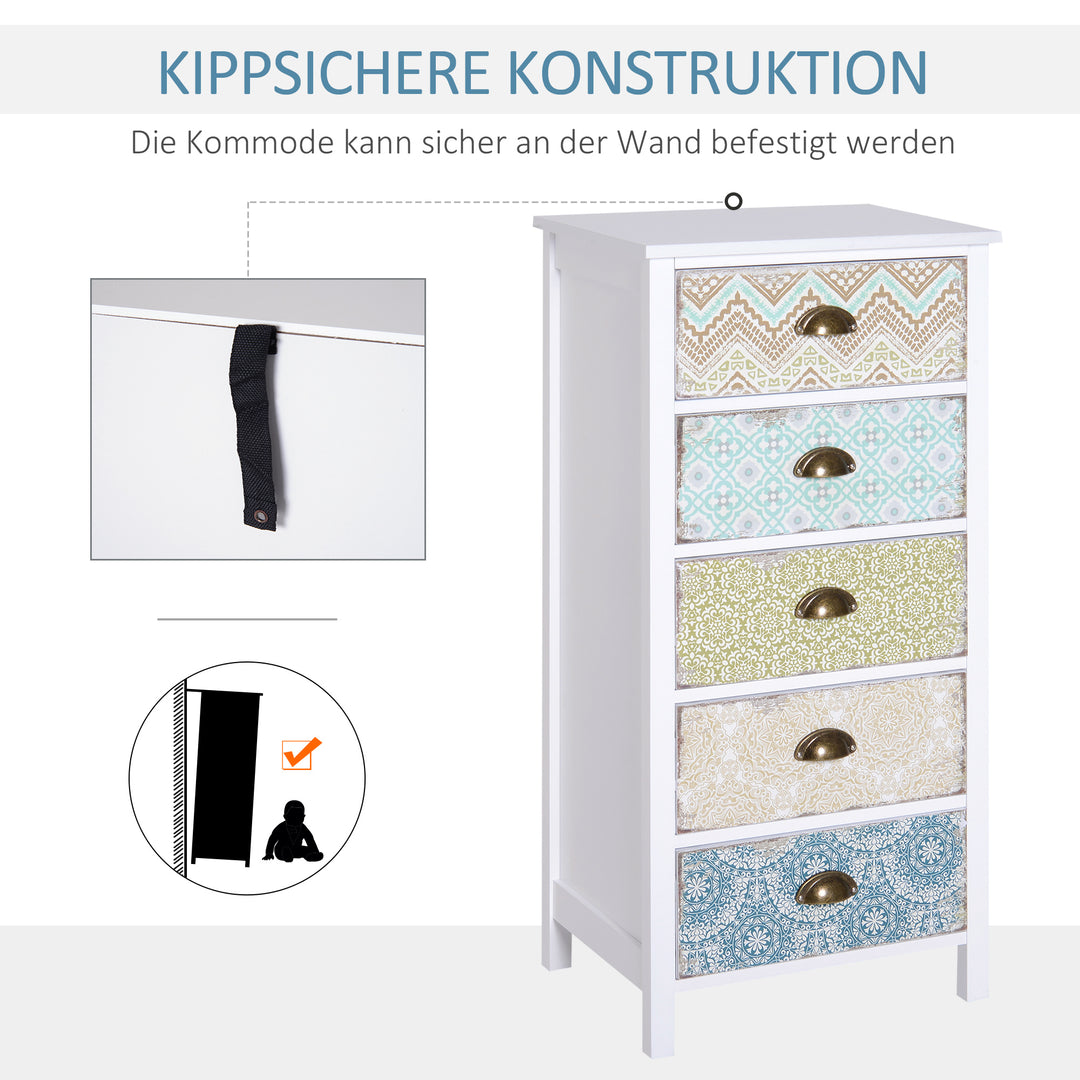 Kommode, skænk, moderne design, 5 skuffer, 46 cm x 34 cm x 97,5 cm, flerfarvet