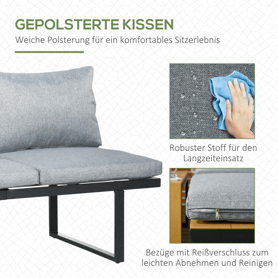 Havemøbelsæt til 3 personer, balkonmøbler med siddehynder, aluminiumsstel, trælook, mørkegrå + natur